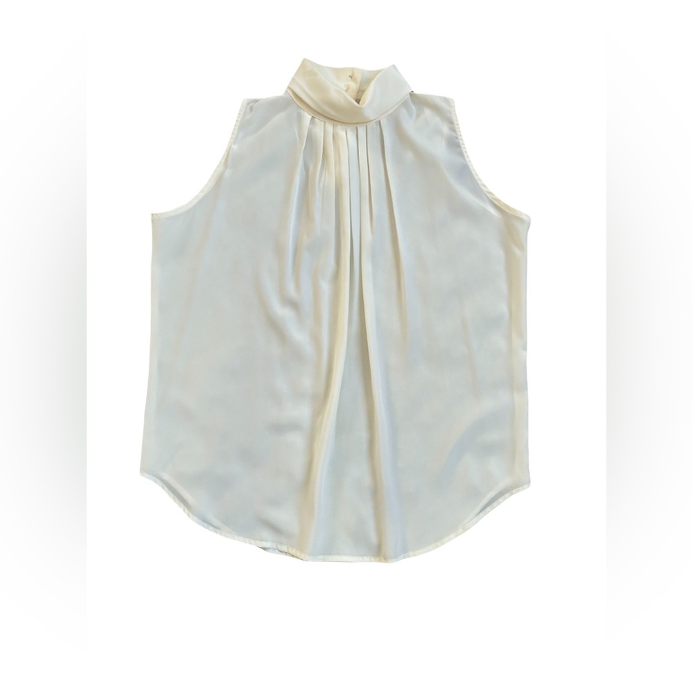 Vintage Metropolitan Cream Sleeveless Blouse, Sz. S, High Neckline, Front Pleats